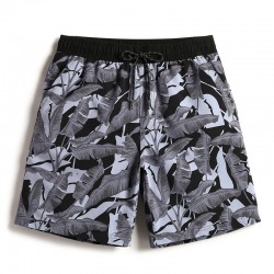 Short Cinza de Elástico Masculino Estampa Bananal Folhagem Preto