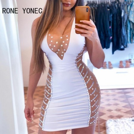 Sexy women patchwork tank rhinestones deep v-neck mesh bodycon mini sexy white dresses