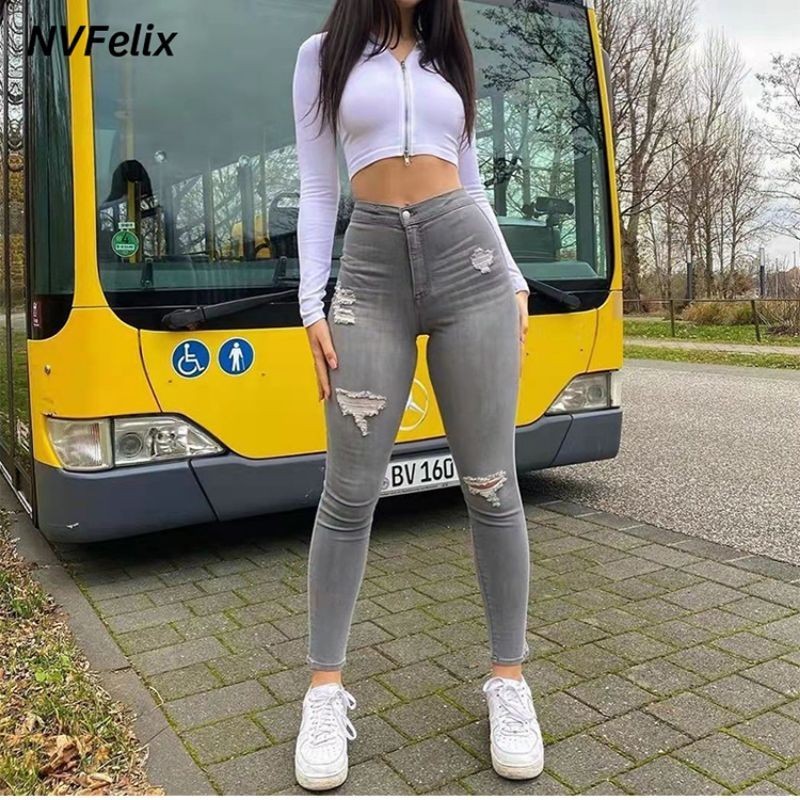 Nvfelix Women Stretch Slim Torn Classic Distressed Jeans Destroyed Hole  High Waist Jeans Slim Stretch Jeans