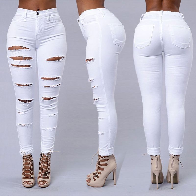 2022 Hot Sale Women Ripped Elastic Waist Jeans Fashion Slim High