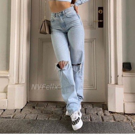 Womens loose fit jeans 2022 ripped wide leg for women high waist blue  casual wash cotton